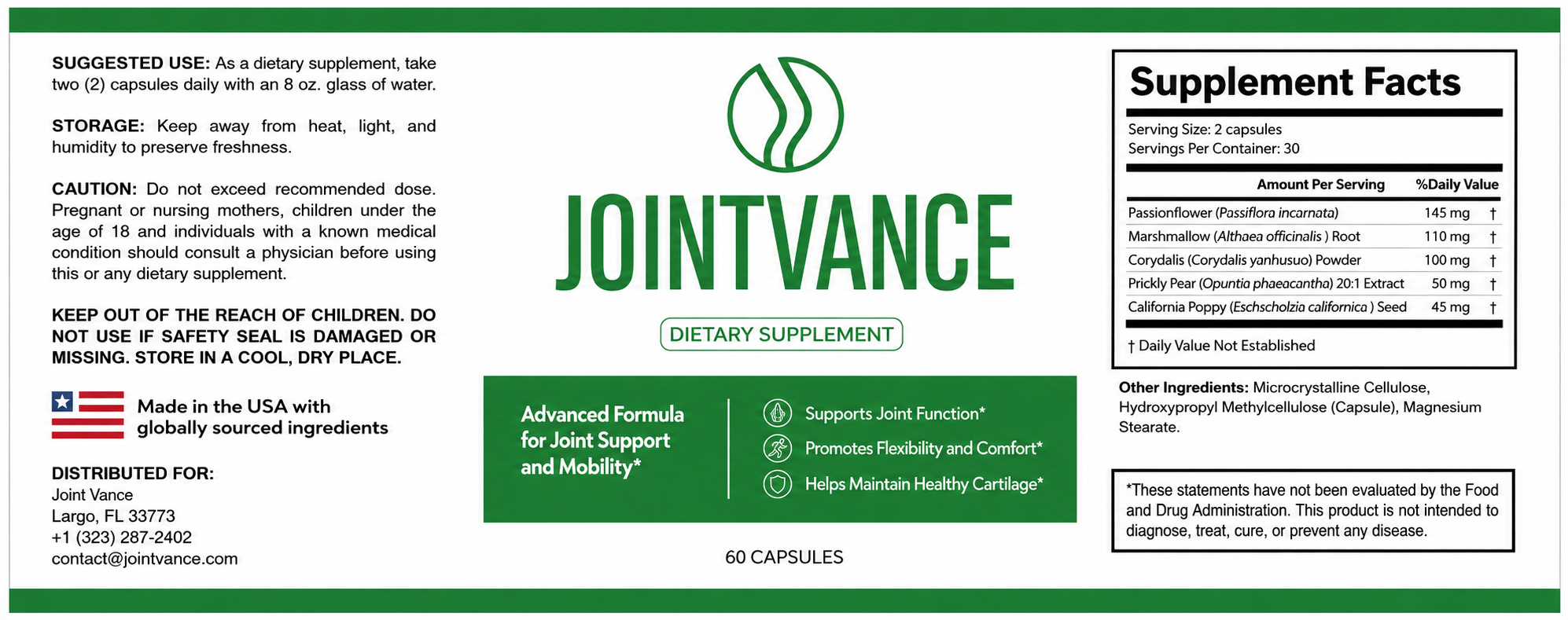 JointVance label with supplement facts and directions